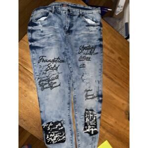 Rock Salt Men's Size 38 Blue Jeans Distressed, Ripped, Paint Splatter And Words